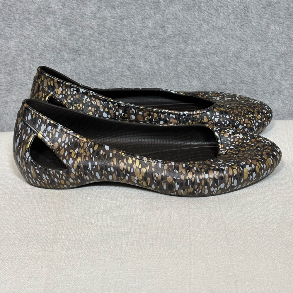 CROCS Laura Graphic Ballerina Ballet Flats Shoes-Espresso Multicolor-Women 10